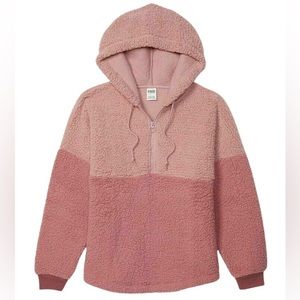PINK Victorias Secret Womens Varsity Sherpa Half Zip Pullover Hoodie Rose Medium
